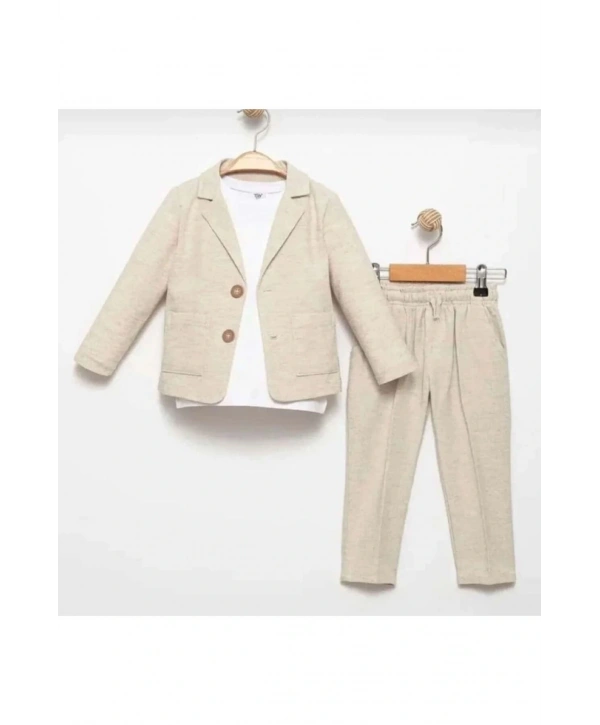 Erkek Çocuk Beyaz Tişörtlü Keten Ceketli Spor Takım/Takım Elbise/Damatlık/Özel Gün Takım