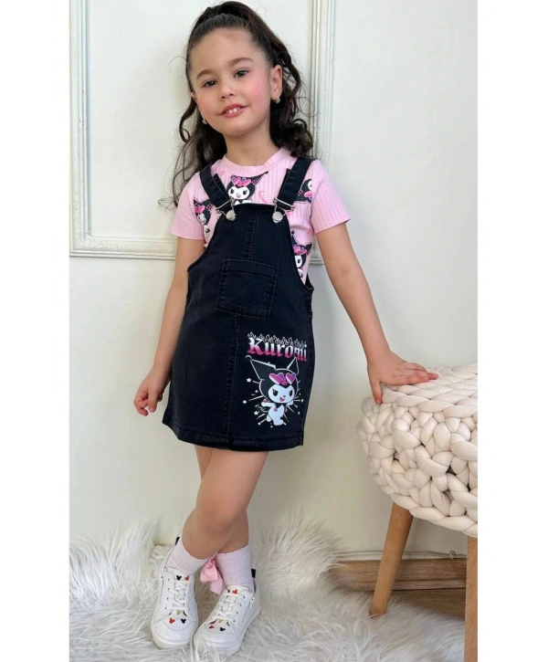 Kız çocuk Kuromi kısa kollu ve siyah salopet denim ikili takım