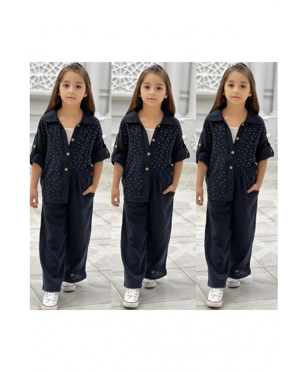 Kız Çocuk Taşlı Müslin Gömlek Pantolon Thsort Takım