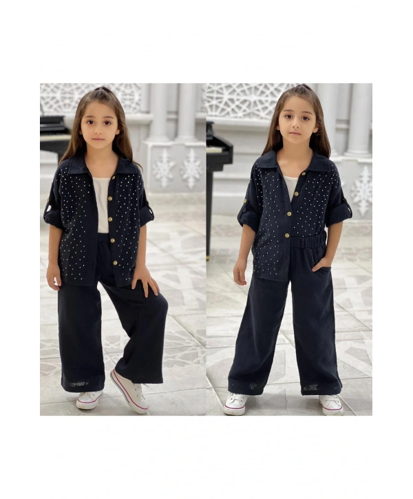 Kız Çocuk Taşlı Müslin Gömlek Pantolon Thsort Takım