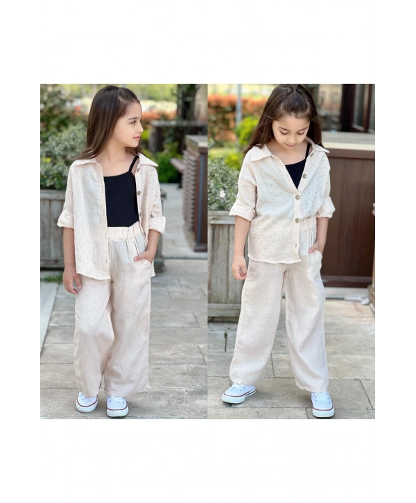 Kız çocuk müslin kumaş taşlı gömlek pantolon thsort takım
