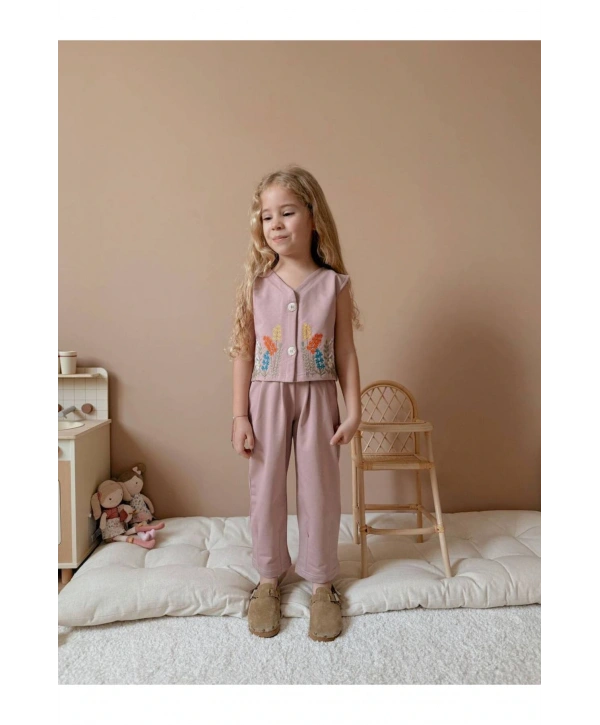 Bayramlık Wikiboom Çiçek Nakışlı Yelek Pantolon Takımı %100 Pamuklu