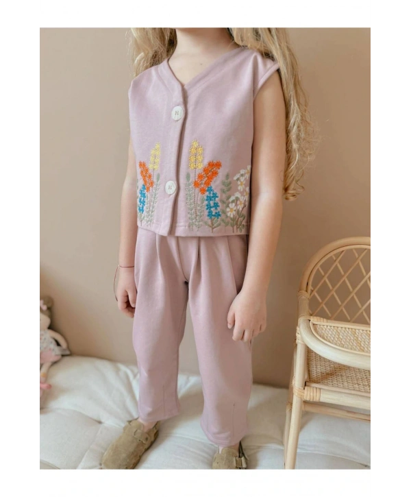 Bayramlık Wikiboom Çiçek Nakışlı Yelek Pantolon Takımı %100 Pamuklu