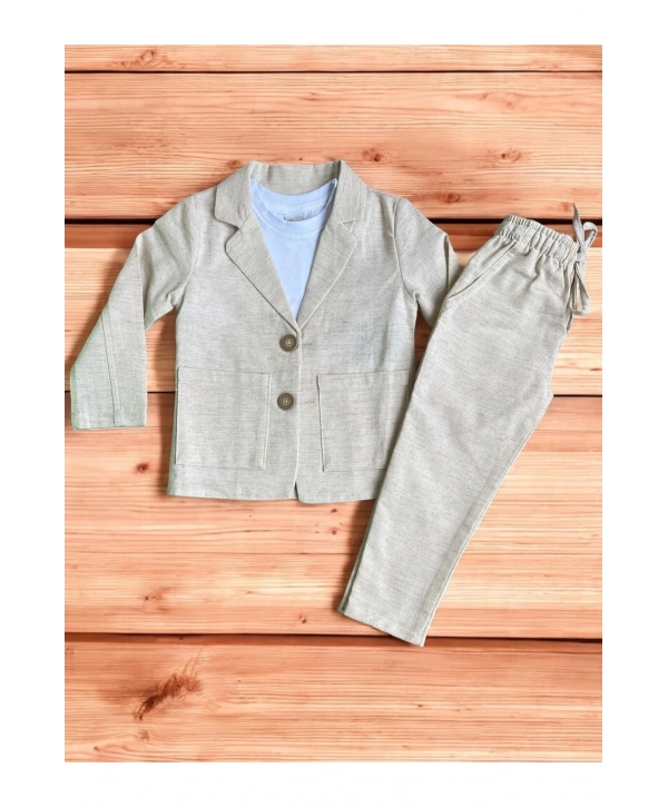 Bej Renkli Çocuk Takım Elbise - Ceket, Pantolon ve Basic Tişört | Şık ve Rahat