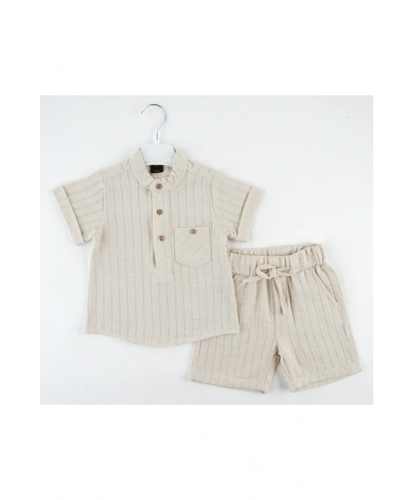Erkek Çocuk Müslin Kumaş Şortlu Alt Üst Takım Bej Rengi Bir Beden Büyük Alınız