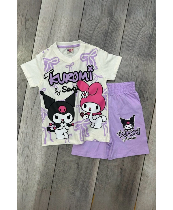 Kuromi Baskılı Beyaz Tişört ve Lila Renkli Şortlu Kız Çocuk Takım