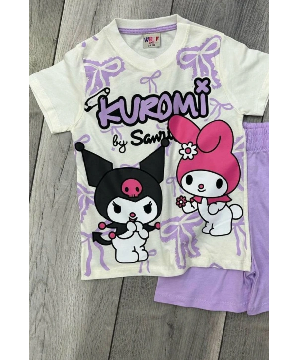 Kuromi Baskılı Beyaz Tişört ve Lila Renkli Şortlu Kız Çocuk Takım