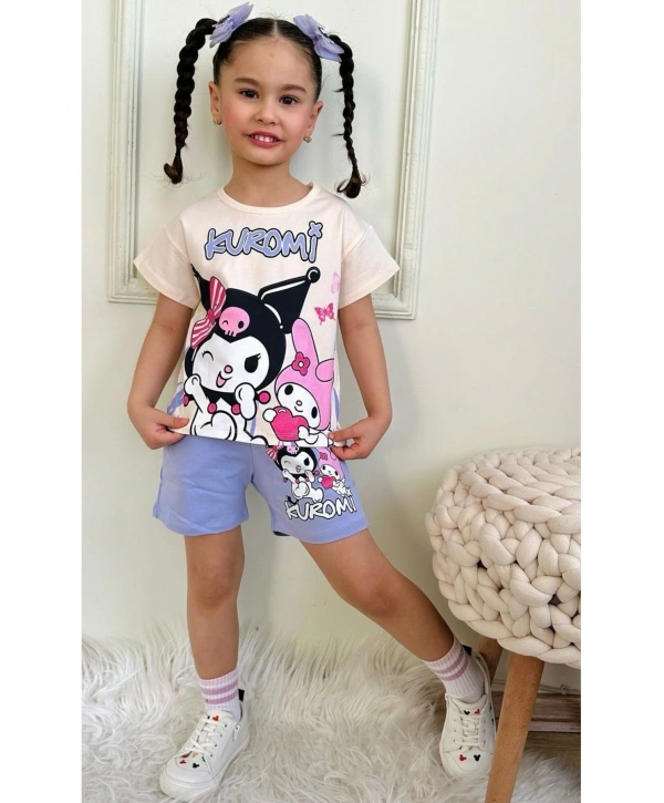 Kız çocuk kuromi baskılı lila rengi kısa kollu yazlık şortlu alt üst takım