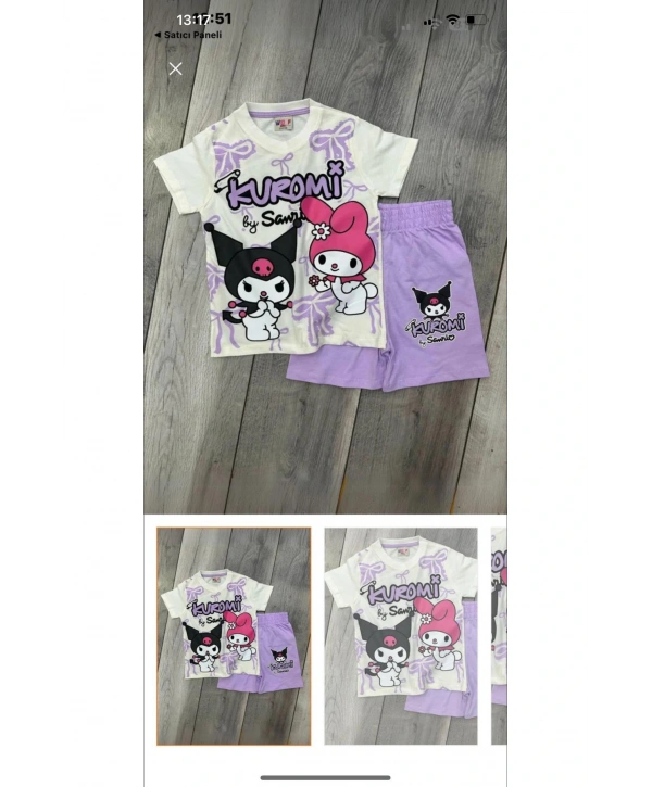Kız çocuk kuromi baskılı lila rengi kısa kollu yazlık şortlu alt üst takım