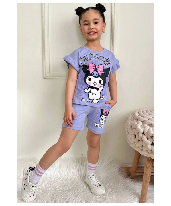 Kız çocuk kuromi baskılı alt üst t-shirt şort takım yazlık %100 Pamuk Alt üst Takım