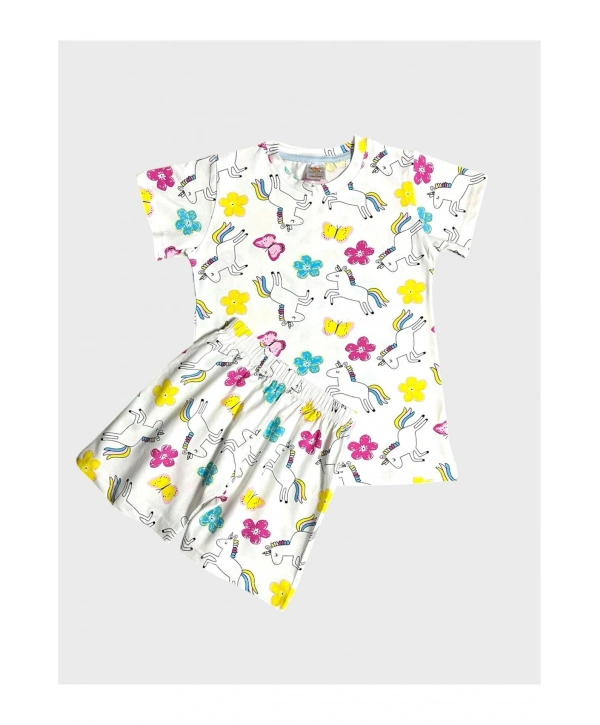 Kız Çocuk %100 Pamuklu Beyaz Unıcorn Kelebek Desenli Kısa Kollu Şortlu Yazlık Pijama Takımı