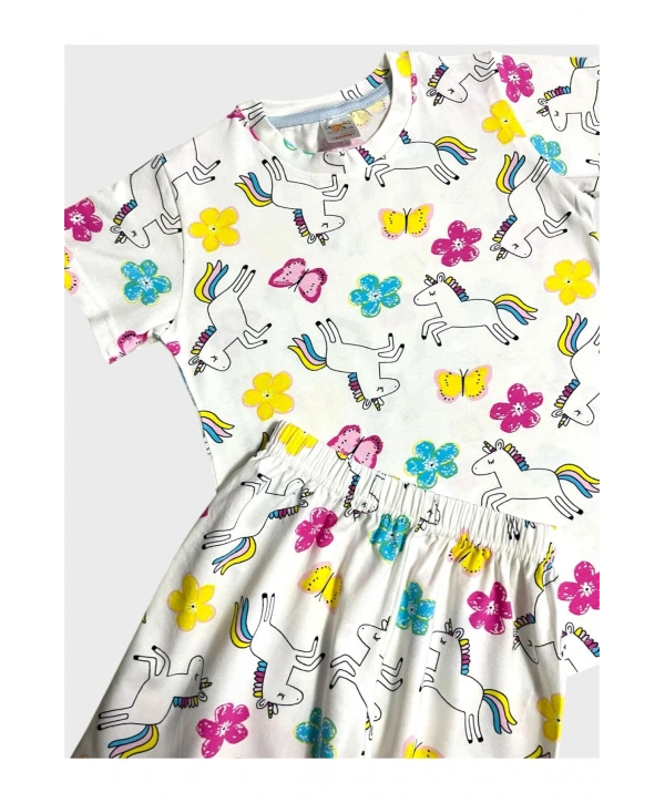 Kız Çocuk %100 Pamuklu Beyaz Unıcorn Kelebek Desenli Kısa Kollu Şortlu Yazlık Pijama Takımı