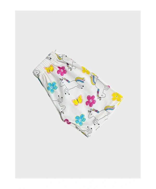 Kız Çocuk %100 Pamuklu Beyaz Unıcorn Kelebek Desenli Kısa Kollu Şortlu Yazlık Pijama Takımı