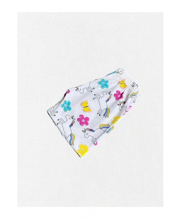 Kız Çocuk %100 Pamuklu Beyaz Unicorn Çiçek Kelebek Desen Kısa Kollu Şortlu Pijama Takımı