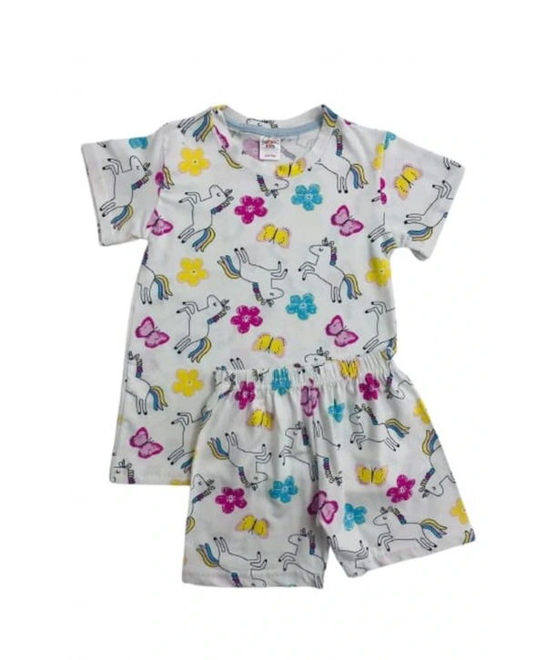 Kız Çocuk %100 Pamuk Krem Bahar Temalı Kısa Kollu Şortlu Pijama Takımı