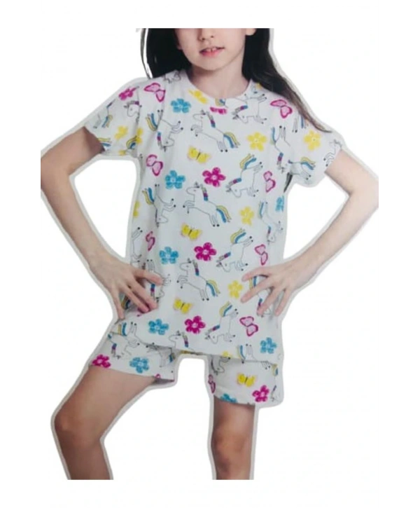 Kız Çocuk %100 Pamuk Krem Bahar Temalı Kısa Kollu Şortlu Pijama Takımı