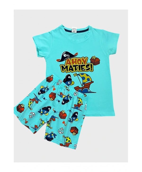 Erkek Çocuk %100 Pamuklu Mavi Yelken Desenli Kısa Kollu Şortlu Yazlık Pijama Takımı