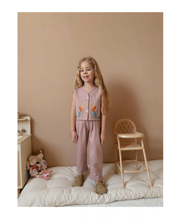 KIZ ÇOCUK İKİLİ ÇİÇEKLİ YELEKLI TAKIM