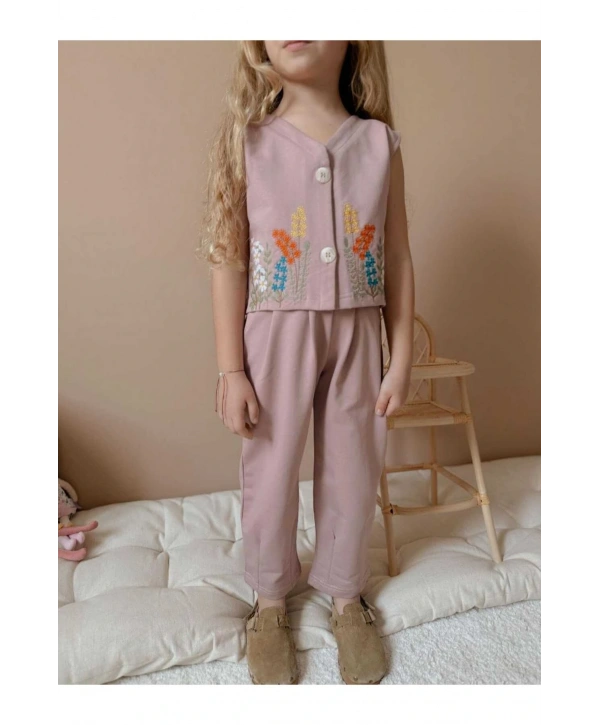 KIZ ÇOCUK İKİLİ ÇİÇEKLİ YELEKLI TAKIM