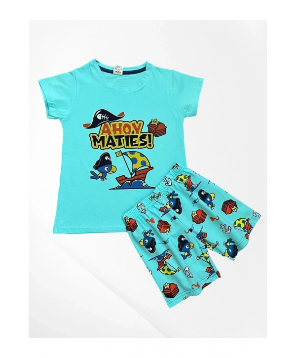 Erkek Çocuk %100 Pamuklu Papağan Yelkenli Gemi Desenli Mavi Kısa Kollu Şortlu Yazlık Pijama Takımı