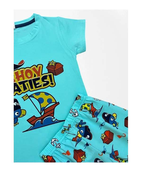 Erkek Çocuk %100 Pamuklu Papağan Yelkenli Gemi Desenli Mavi Kısa Kollu Şortlu Yazlık Pijama Takımı