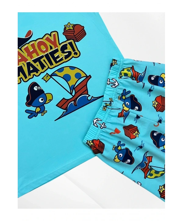 Erkek Çocuk %100 Pamuklu Papağan Yelkenli Gemi Desenli Mavi Kısa Kollu Şortlu Yazlık Pijama Takımı