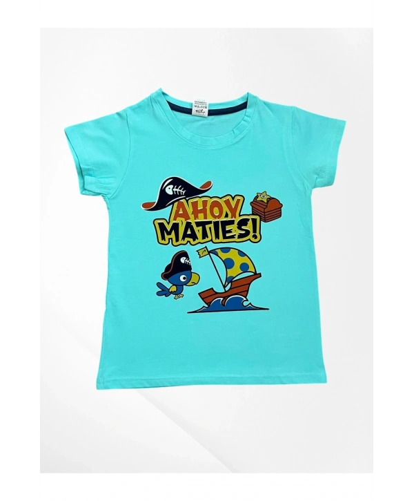 Erkek Çocuk %100 Pamuklu Papağan Yelkenli Gemi Desenli Mavi Kısa Kollu Şortlu Yazlık Pijama Takımı