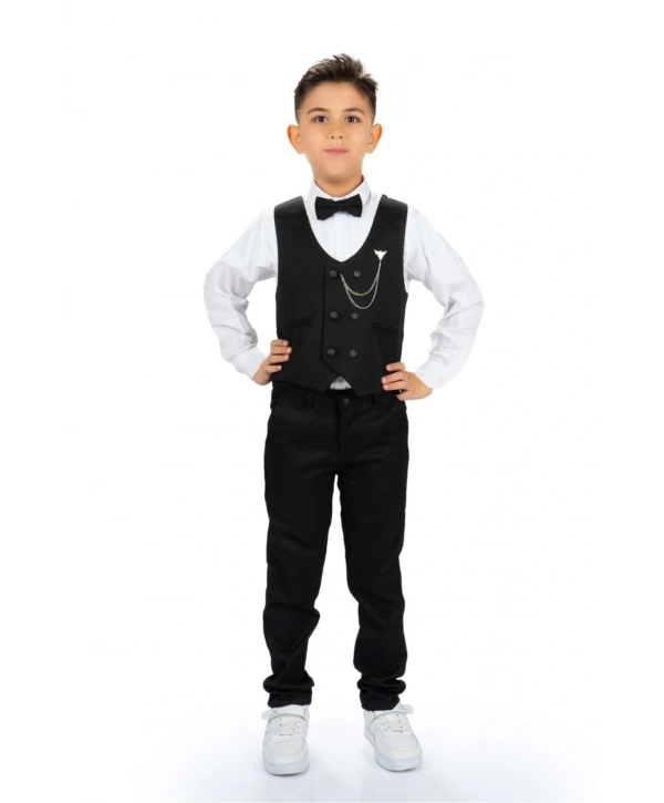 Erkek Çocuk Yelek , Pantolon, Gömlek, Papyon Ve Zincirli Smokin Takım Elbise SYM0272