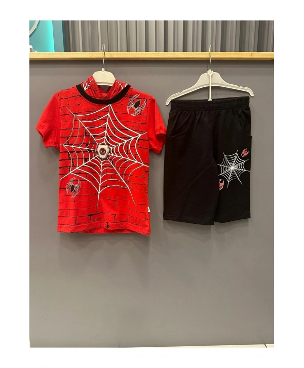 Örümcek Ağ Baskılı Spiderman Maskeli Tshirt Şort Takım - Ortasındaki Logoya Dokununca Işıkları Yanar