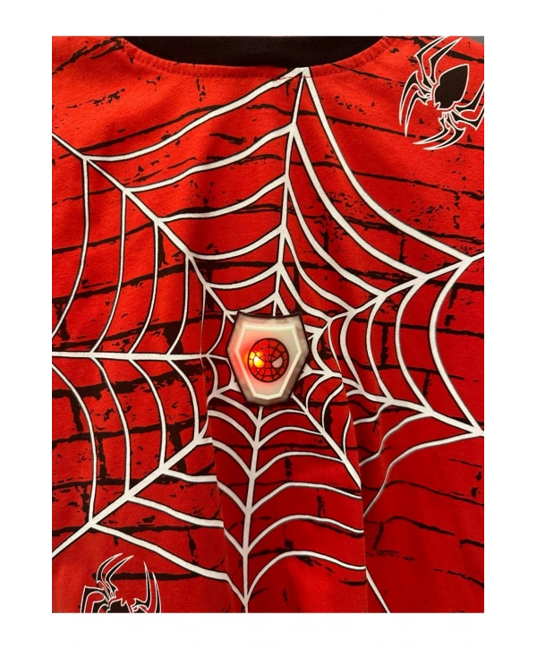 Örümcek Ağ Baskılı Spiderman Maskeli Tshirt Şort Takım - Ortasındaki Logoya Dokununca Işıkları Yanar