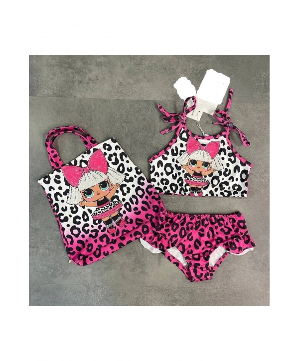 Çantalı Üçlü Kız Çocuk Fırfırlı Bikini Takım Üstü Baskılı Kız Çocuk Mayo