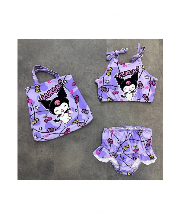 Kuromi desenli kız çocuk bikini 3lü kombin