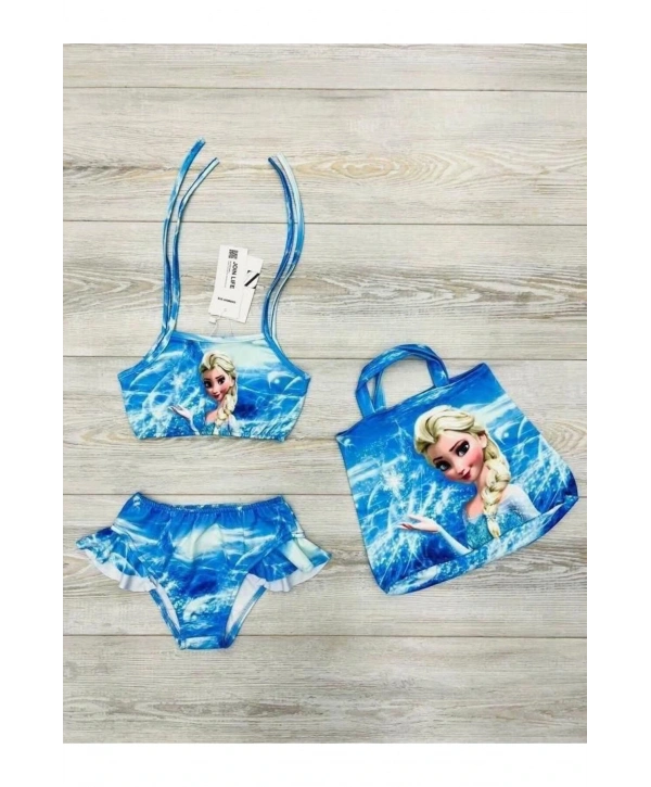Prenses Elsa desenli kız çocuk bikini 3lü kombin