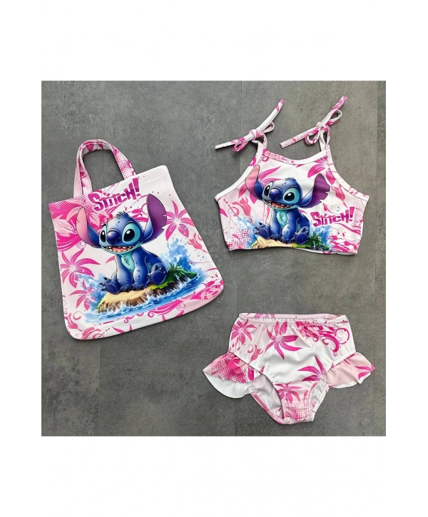 Kız çocuk stitch baskılı üç parça çantalı mayo bikini yazlık tatil