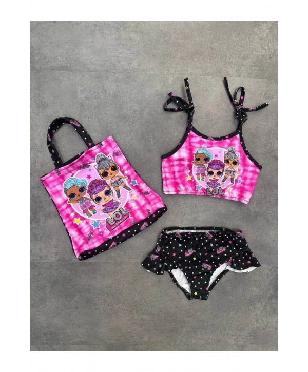 Kız Çocuk ve Bebek Lol Desenli Hızlı Kuruyan Fırfırlı 3 Parça Alt Üst Mayo Ve Çanta Takımı