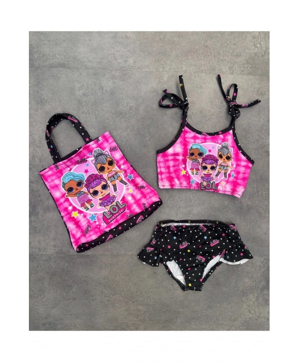 3 lü Kız Çocuk Mayo Seti Plaj Çantalı