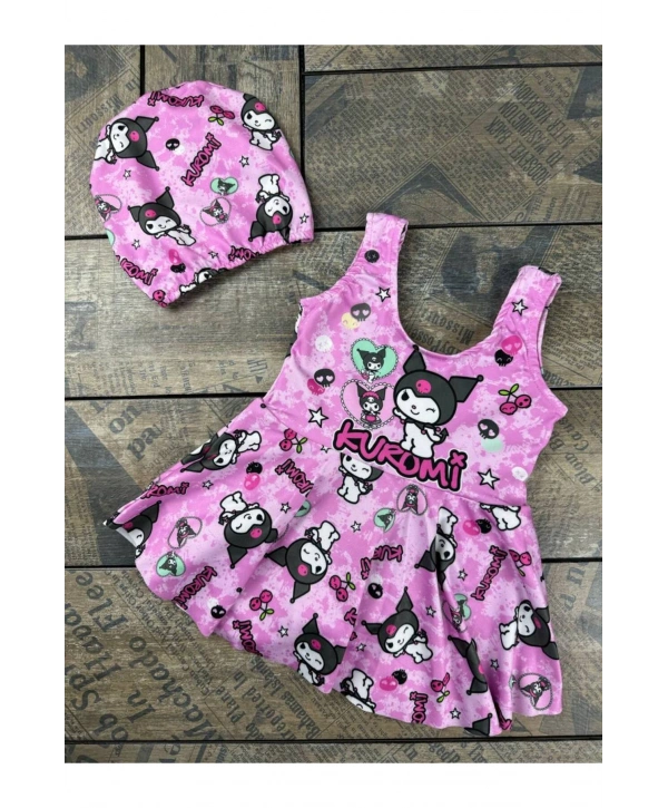 Kuromi Kız Çocuk UV Korumalı Volanlı Mayo ve Bone Havuz Deniz Takımı