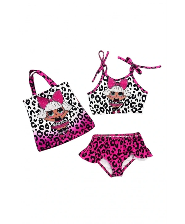 Kız Çocuk Pembe-Beyaz Renk Bebek Baskılı Çantalı Bikini Takımı
