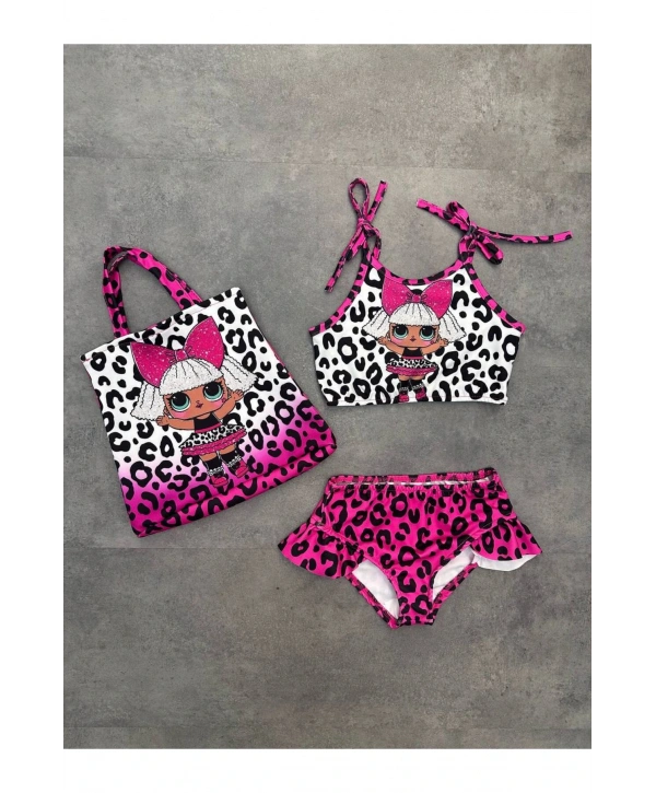 Kız çocuk lol leopar desenli ikili mayo çantalı yazlık tatillil mayo