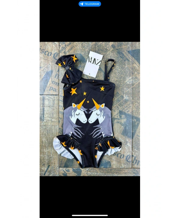 Kız çocuk unicorn desen siyah kurdele detaylı siyah mayo