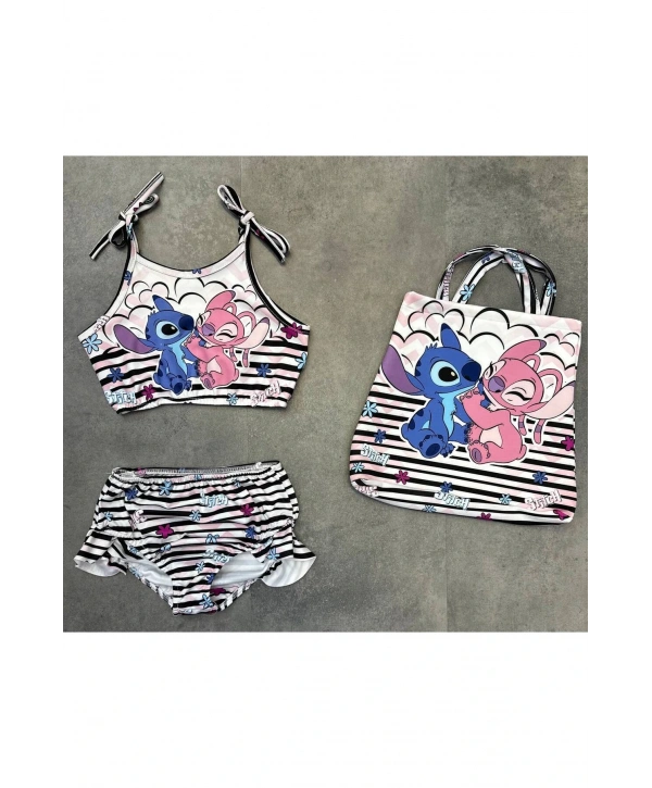 Kız çocuk stitch baskılı dalgıç kumaş üç parça çantalı mayo bikini takımı yazlık tatil