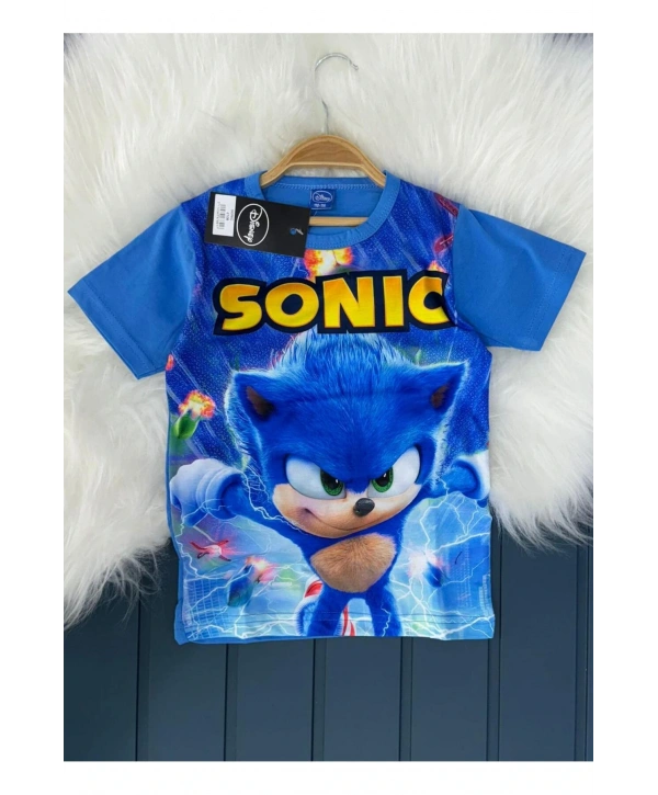 Sonic desenli dijital baskılı yazlık kısa kollu erkek çocuk üst t-shirt