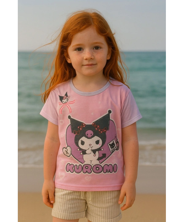 Kuromi desen dijital baskılı kız çocuk yazlık t-shirt üst giyim