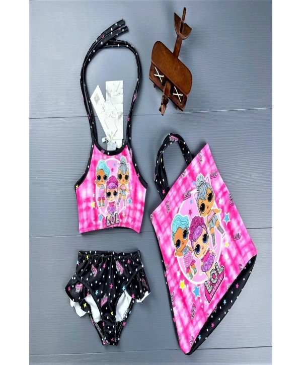 Yeni Sezon Çizgi Karakter Desenli Fırfırlı Çanta Aksesuarlı Kız Çocuk Bikini Takımı (3 Parça)
