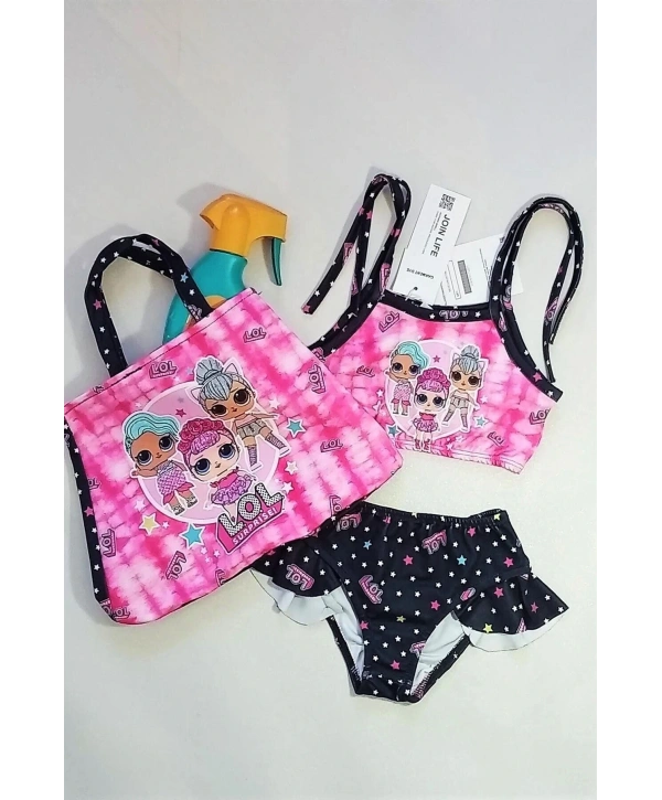 Yeni Sezon Çizgi Karakter Desenli Fırfırlı Çanta Aksesuarlı Kız Çocuk Bikini Takımı (3 Parça)