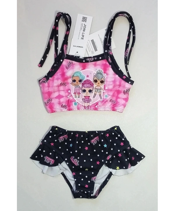 Yeni Sezon Çizgi Karakter Desenli Fırfırlı Çanta Aksesuarlı Kız Çocuk Bikini Takımı (3 Parça)