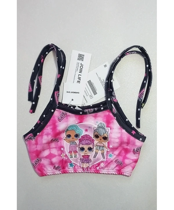 Yeni Sezon Çizgi Karakter Desenli Fırfırlı Çanta Aksesuarlı Kız Çocuk Bikini Takımı (3 Parça)