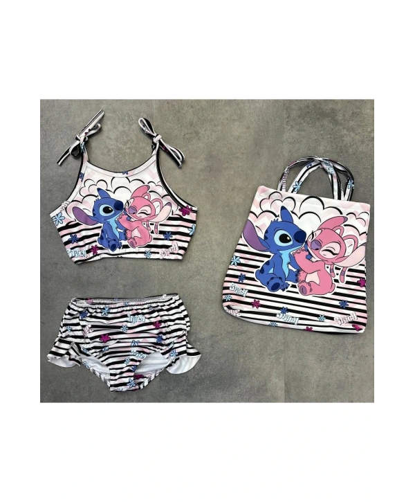 Kız çocuk Stitch baskılı dalgıç kumaş çantalı mayo bikini 3 lü set takım