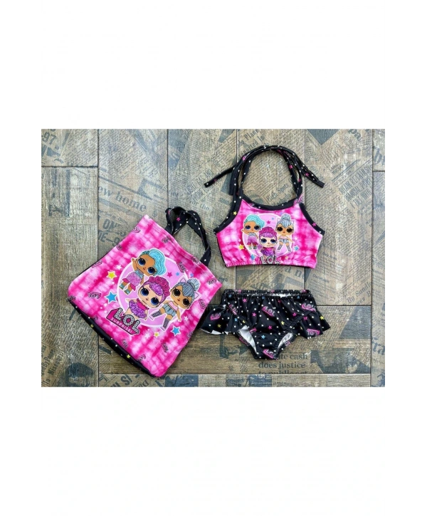 Kız çocuk Lol bebek desenli mayo bikini çantalı 3 lü takım