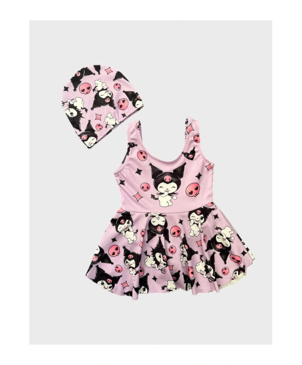 Kız Çocuk Lila Kuromi Desenli Boneli Etekli Mayo